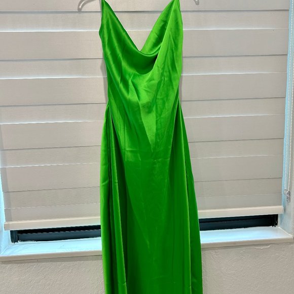 EUC ASYOU - Cowl Neck Satin Slip Midi Dress - Green Color - Picture 3 of 5